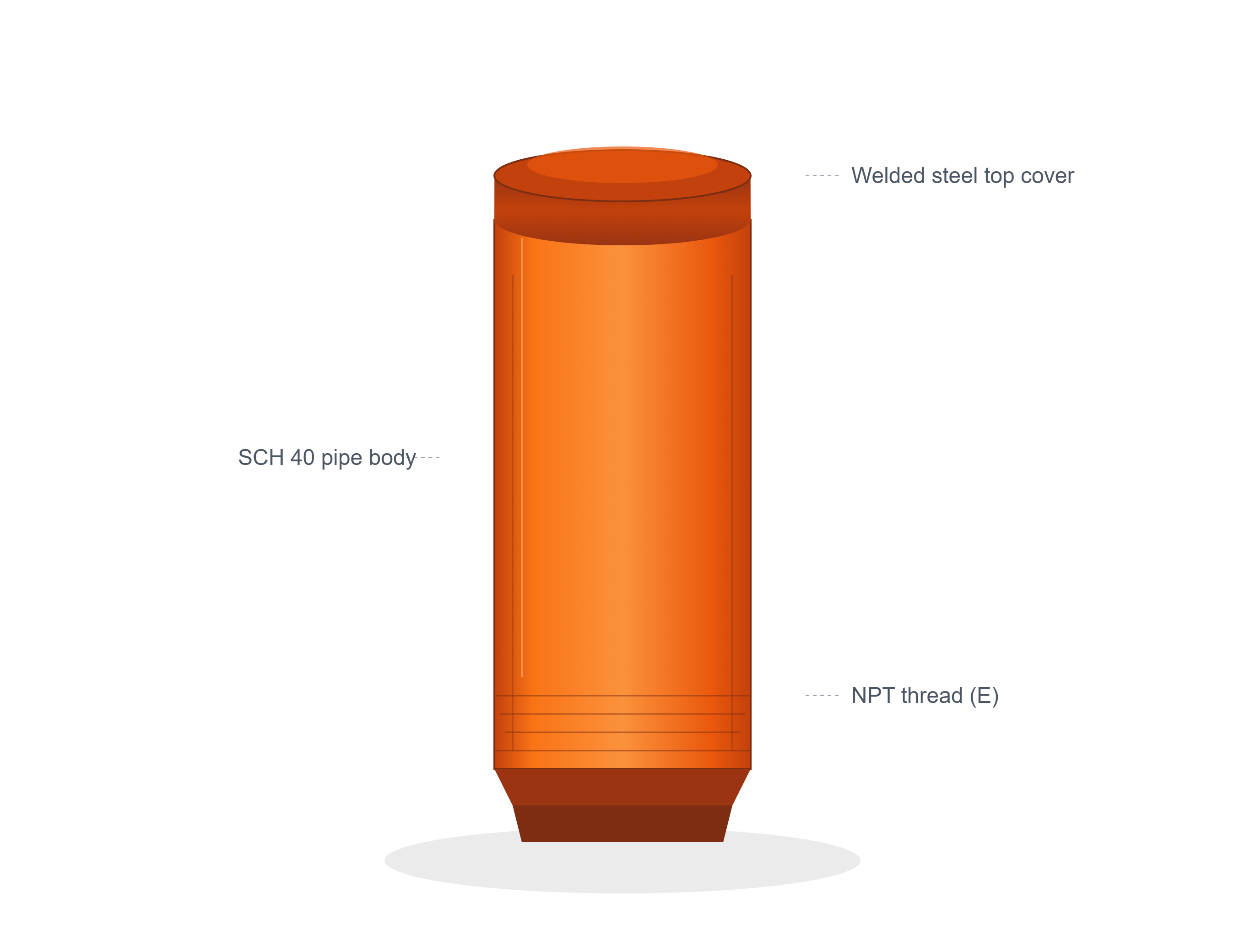 NPT valve stem cover with welded steel top, SCH 40 pipe body and NPT thread